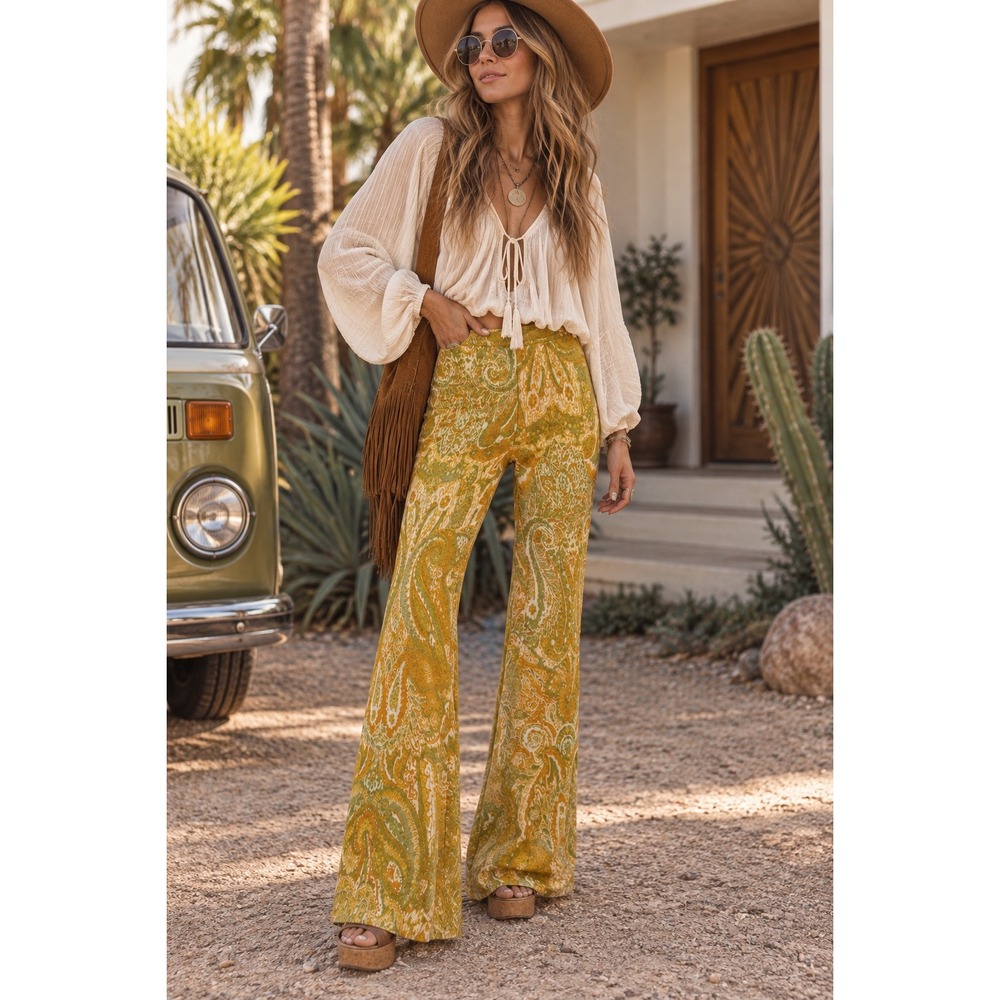 Zara Women 70s Boho Yellow Green Paisley Jacquard Flare Knit Pants  Small